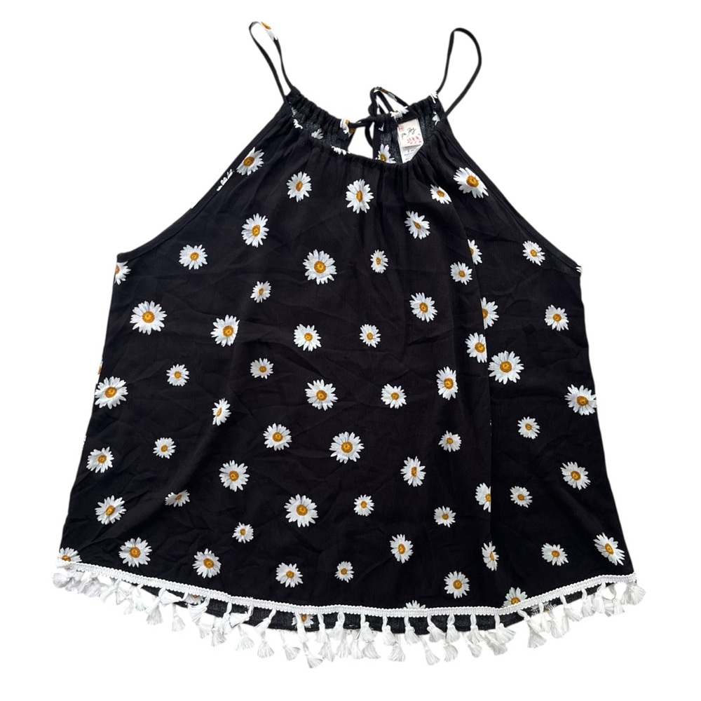7th Ray Women’s M Black White Daisy Tasseled Hem Halter Tank Tunic Dress #T-4069